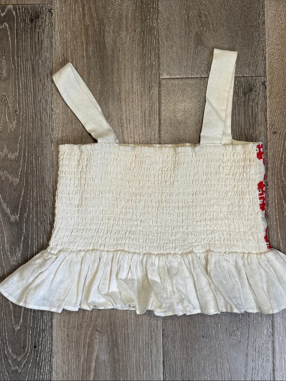 Carolina K White 100% Linen Embroidered Crop Top with Multicolor Folk AZ0815 - Picture 2 of 4